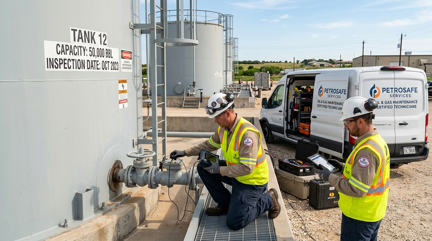 Professional certified technicians performing oil tank inspection and maintenance in Mesquite TX